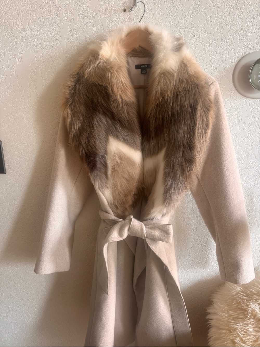 Alfani Cream Trench Coat with Brown & Cream Faux Fur Collar